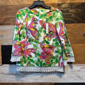 NWT Trina Turk Colorful Multi Color Butterfly Fringe Top M/L